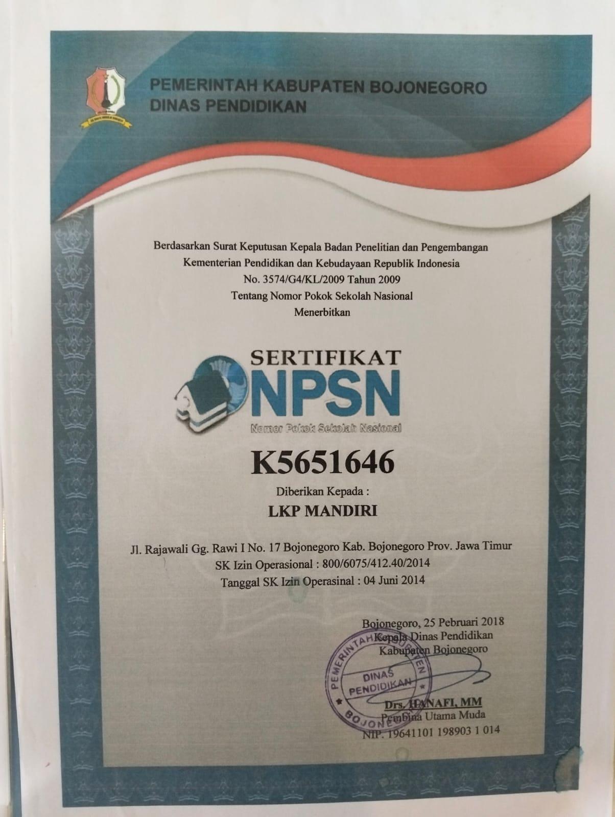 Sertifikat NPSN Resmi